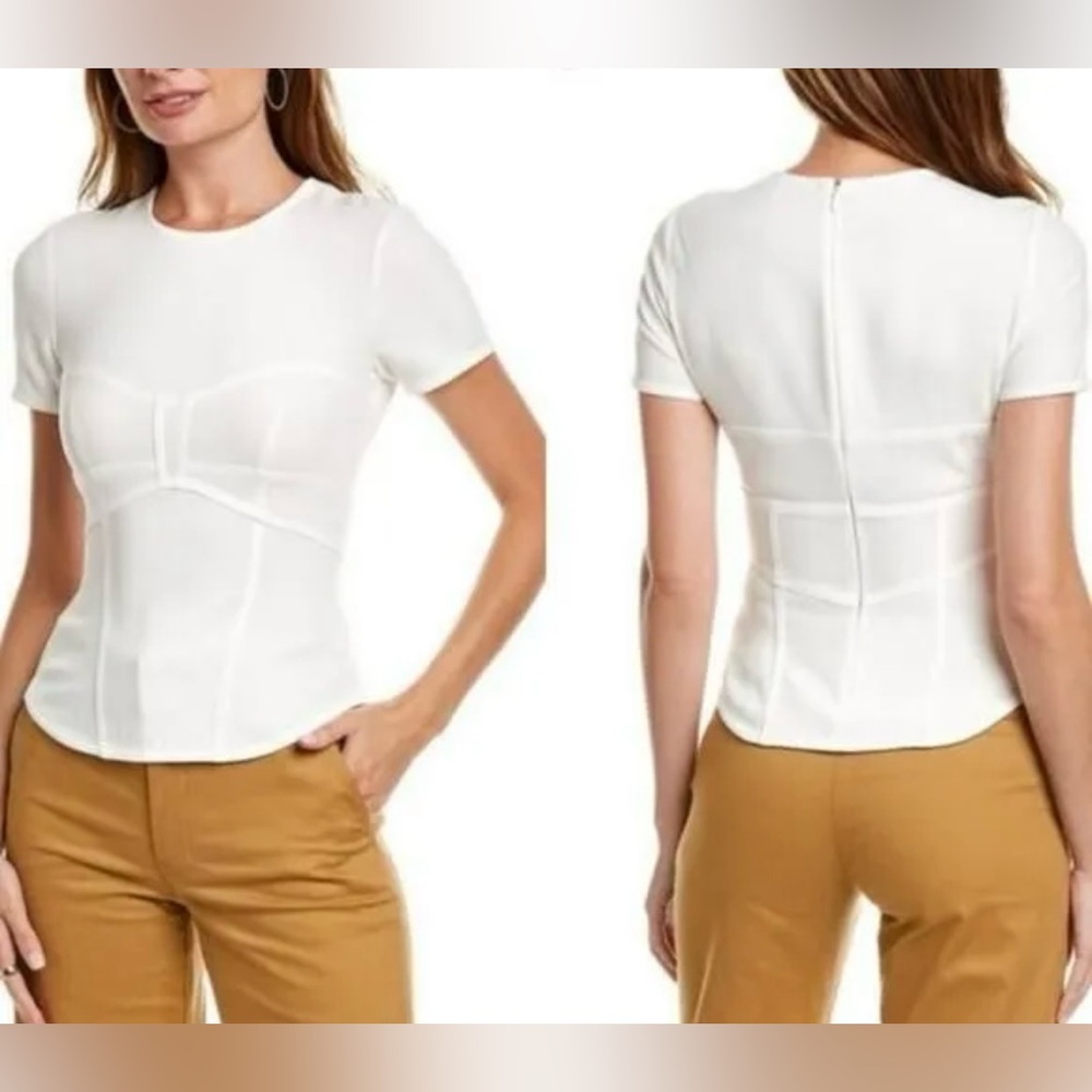 ALC Beau White Corset Seam Short Sleeve Invisible Zip Back Blouse / Size 0 / NEW